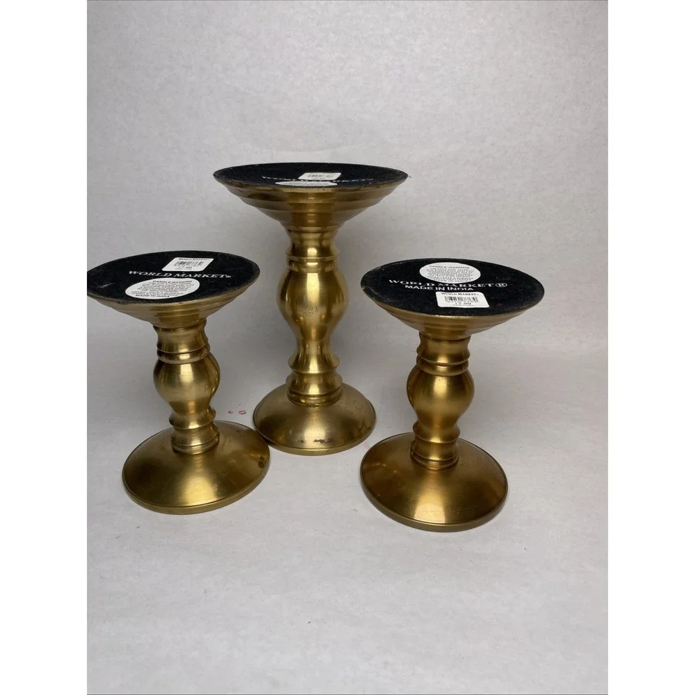 3 WORLD MARKET Brass Candle Stick Classic VINTAGE Holders Pillar Candle 4